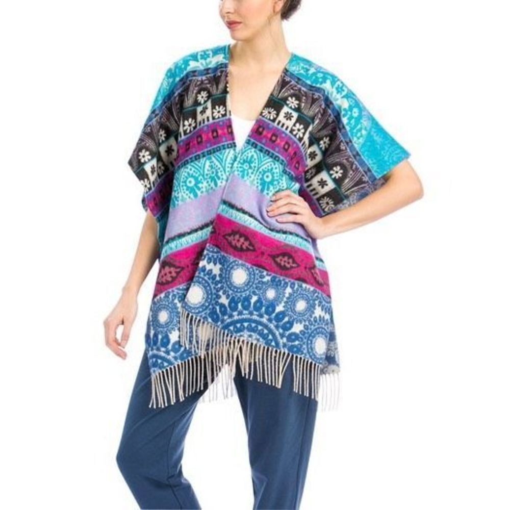 Desigual‎ Poncho Blue Patterned Tassel One Size